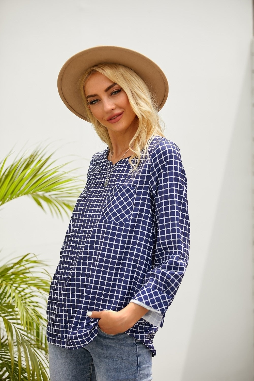 Plaid Casual V-neck Long Sleeves Plus Size Blouse