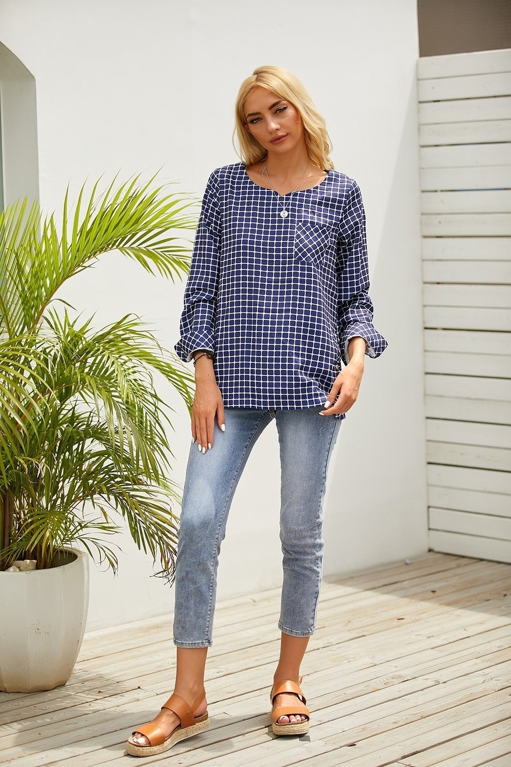 Plaid Casual V-neck Long Sleeves Plus Size Blouse