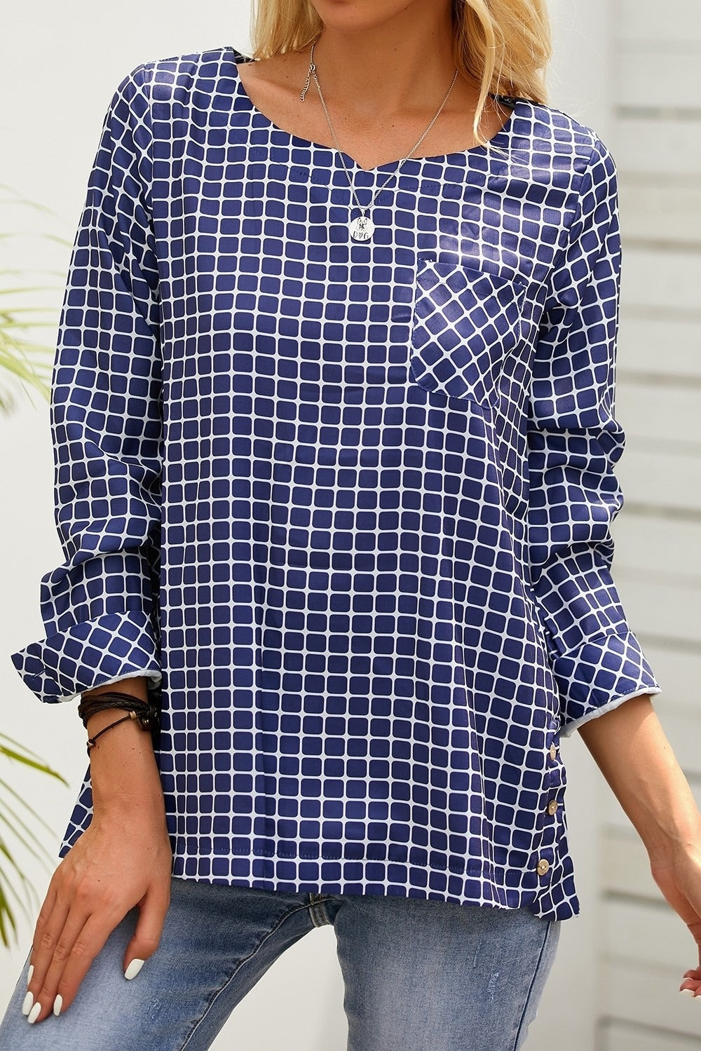 Plaid Casual V-neck Long Sleeves Plus Size Blouse