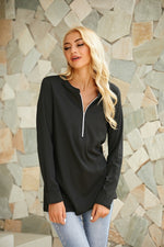 Plain Zipper Round Neck Long Sleeves Shirts & Tops