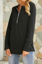 Plain Zipper Round Neck Long Sleeves Shirts & Tops