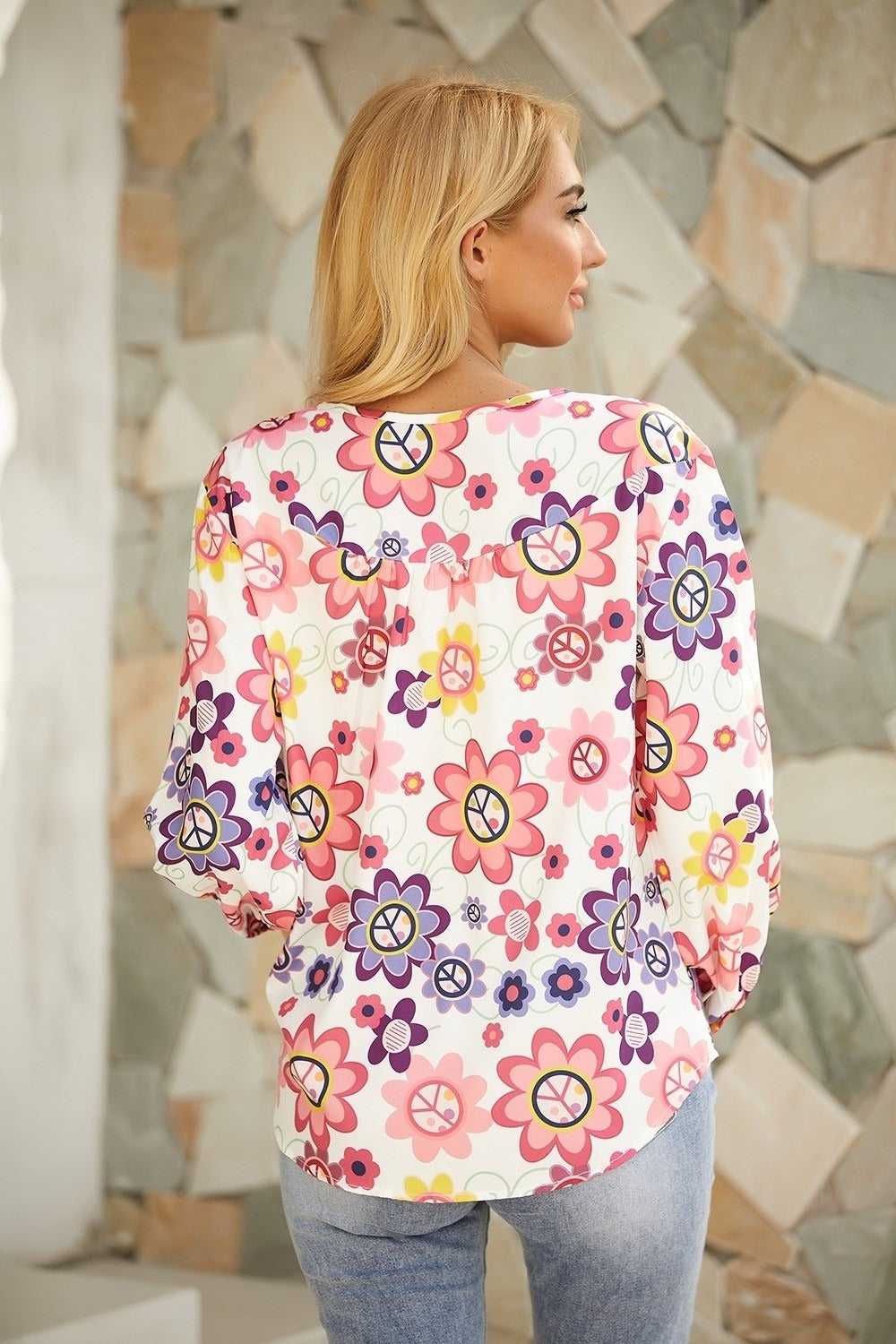Women's Floral Print V-neck Long Sleeves Blouse