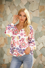 Women's Floral Print V-neck Long Sleeves Blouse