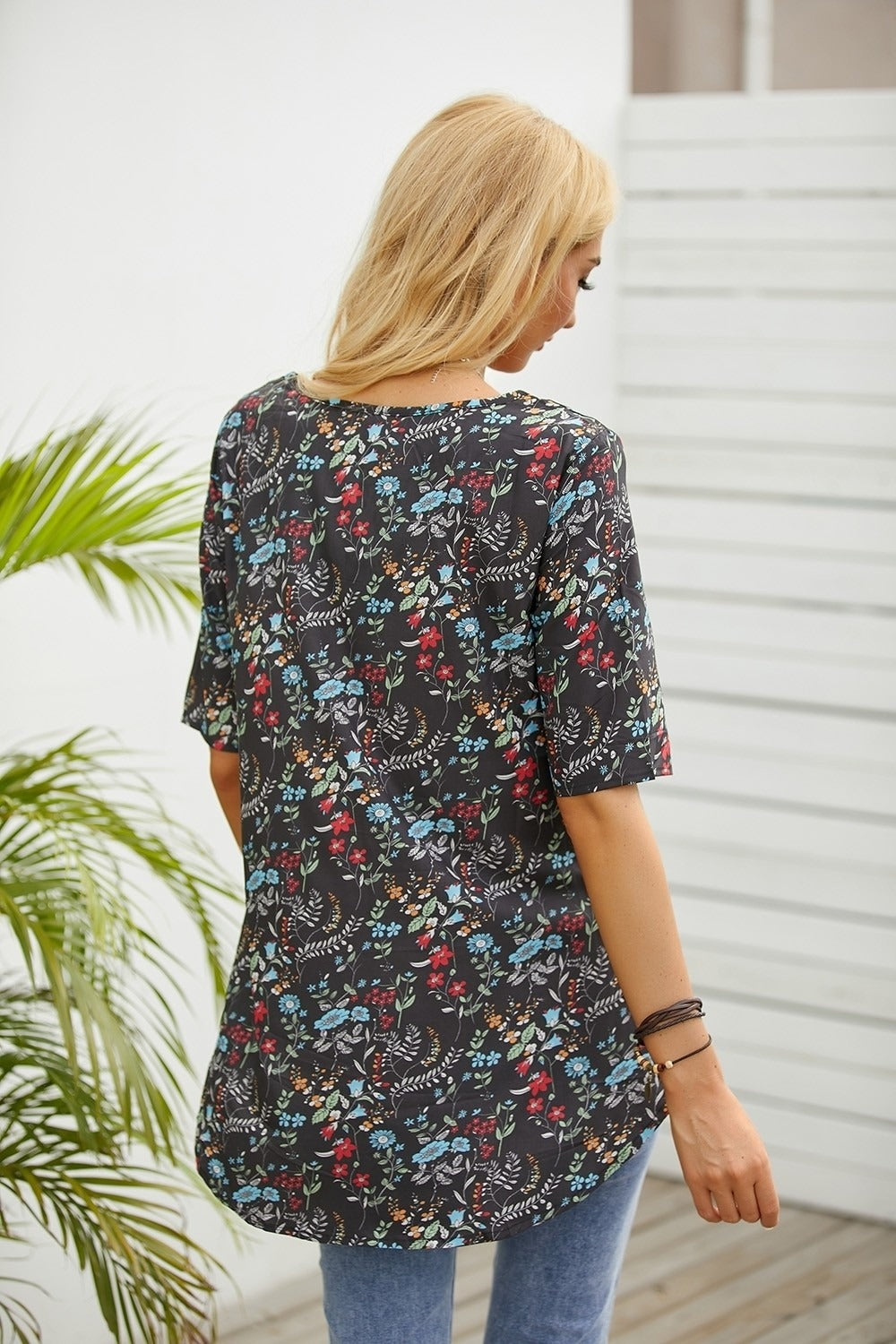 Women's Floral Print O-neck Short Sleeves Blouse