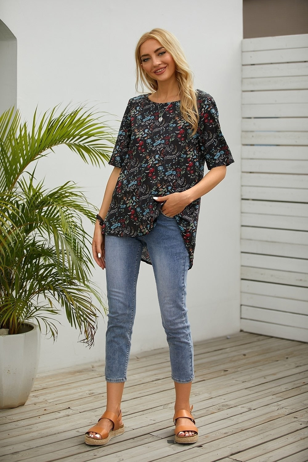 Women's Floral Print O-neck Short Sleeves Blouse