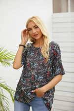 Women's Floral Print O-neck Short Sleeves Blouse