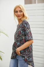 Women's Floral Print O-neck Short Sleeves Blouse