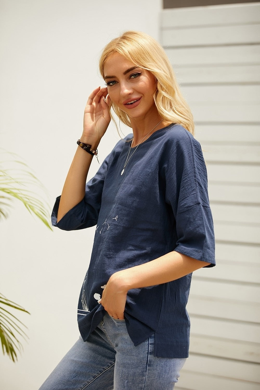 Women's Floral Print O-neck Half Sleeves T-shirt