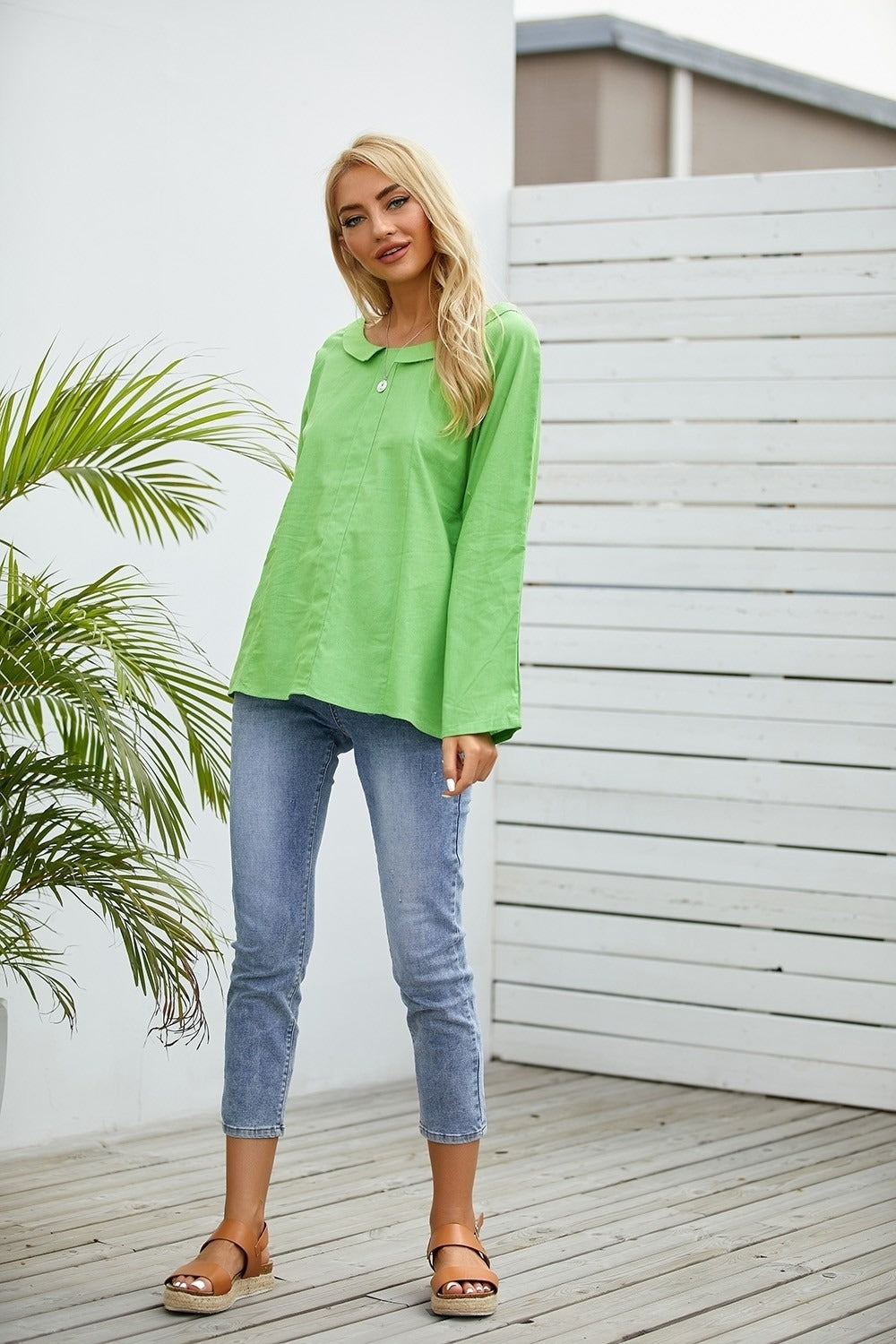 Solid Color Casual Turn-down Collar Long Sleeves Blouse