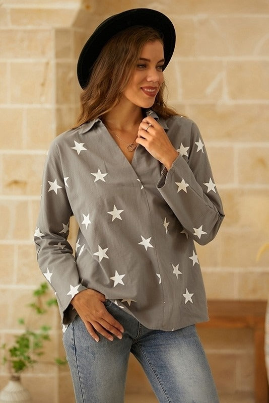 Stars Print V-neck Long Sleeves Shirts & Tops