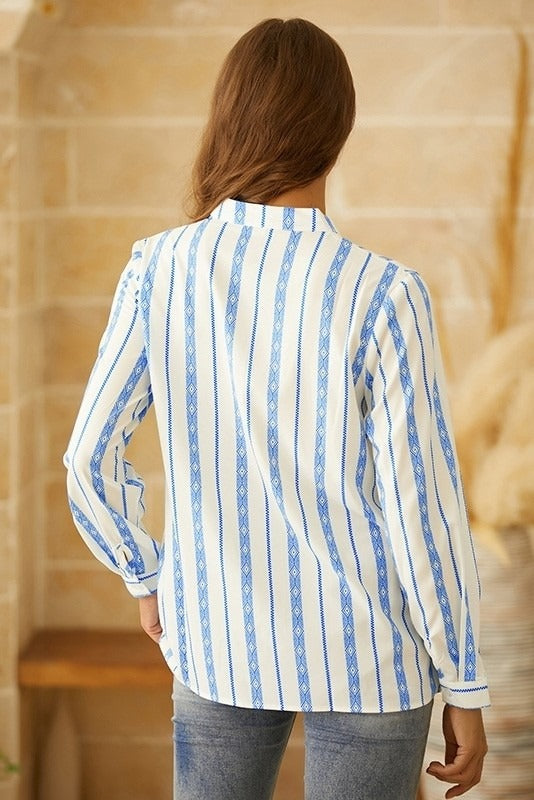 Stripe Print V-neck Long Sleeves Blouse