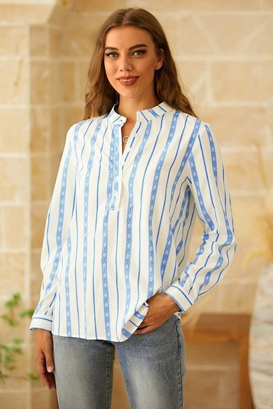 Stripe Print V-neck Long Sleeves Blouse