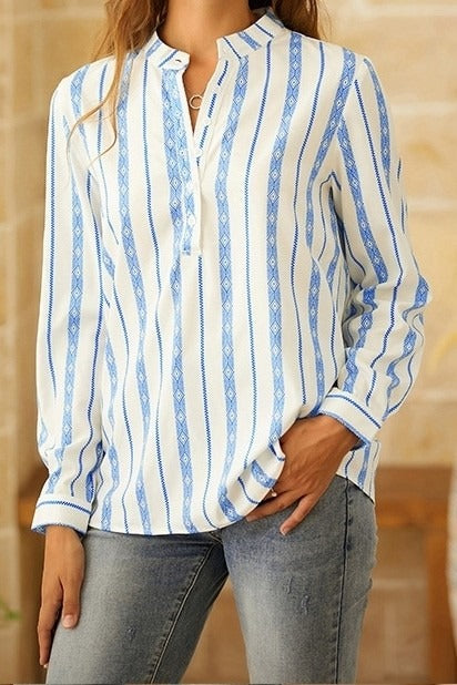 Stripe Print V-neck Long Sleeves Blouse