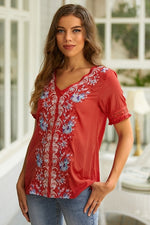 Floral Embroidery V-neck Short Sleeves Shirts & Tops