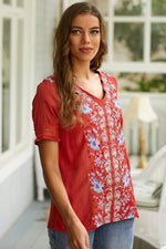 Floral Embroidery V-neck Short Sleeves Shirts & Tops