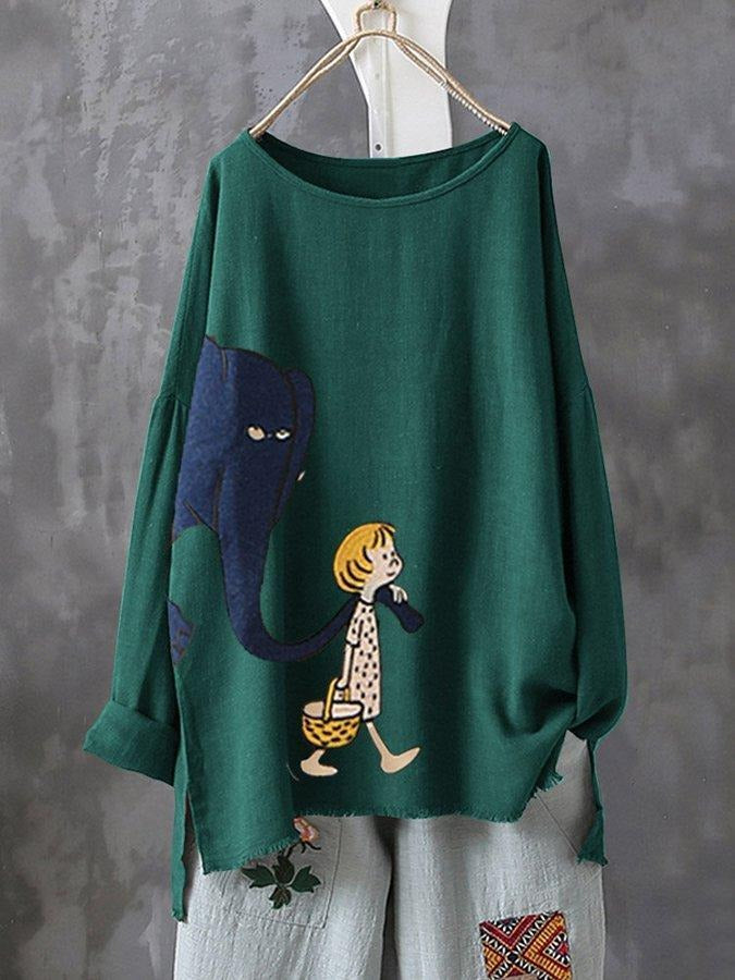 T-Shirt mit Tiermuster, Rundhalsausschnitt und langen Ärmeln in Übergröße