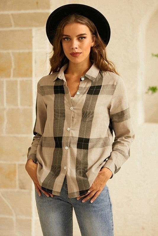 Plaid Buttons Collared Long Sleeves Shirts & Tops