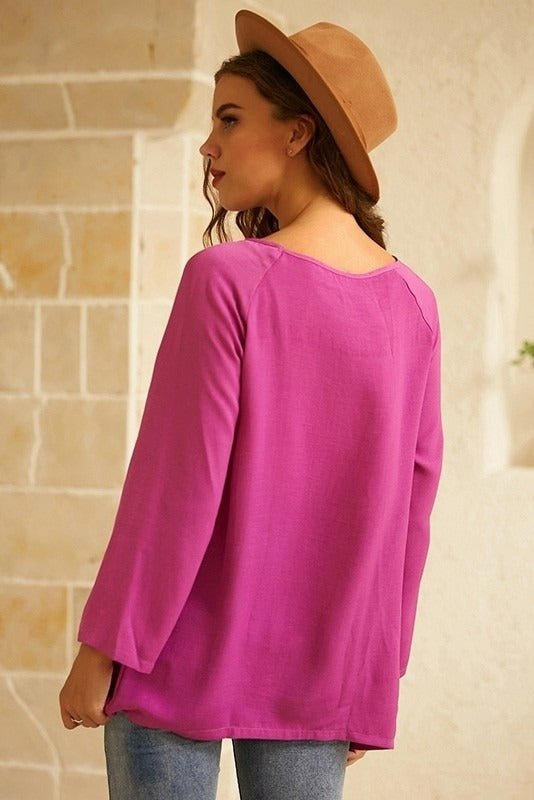 Solid None Round Neck Long Sleeves Blouse