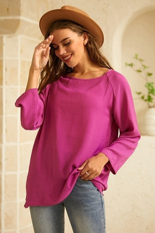 Solid None Round Neck Long Sleeves Blouse