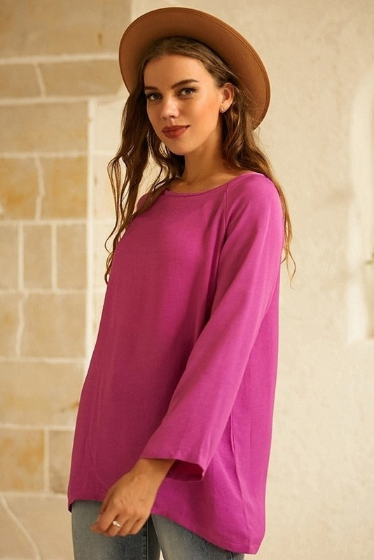 Solid None Round Neck Long Sleeves Blouse