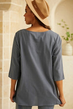 Solid Pockets Crew Neck 3/4 Sleeves Blouse