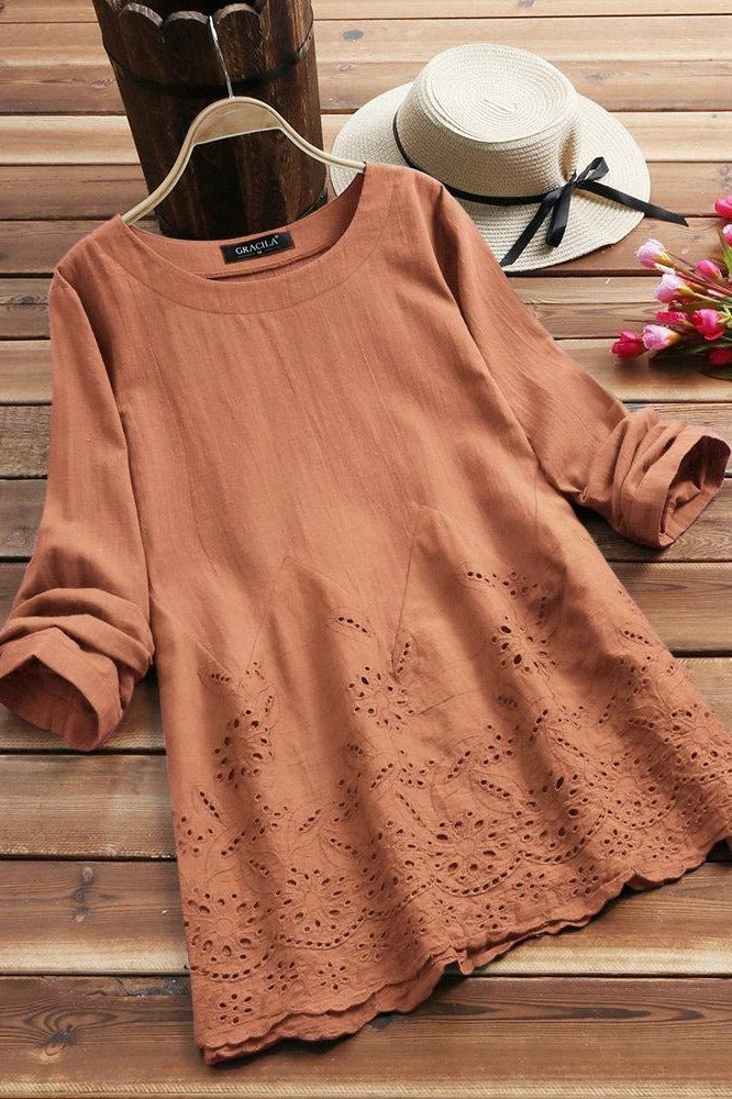 Solid Embroidery O-neck Long Sleeves Blouse