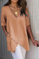 Solid Color with Pockets V-neck Short Sleeves Blouse