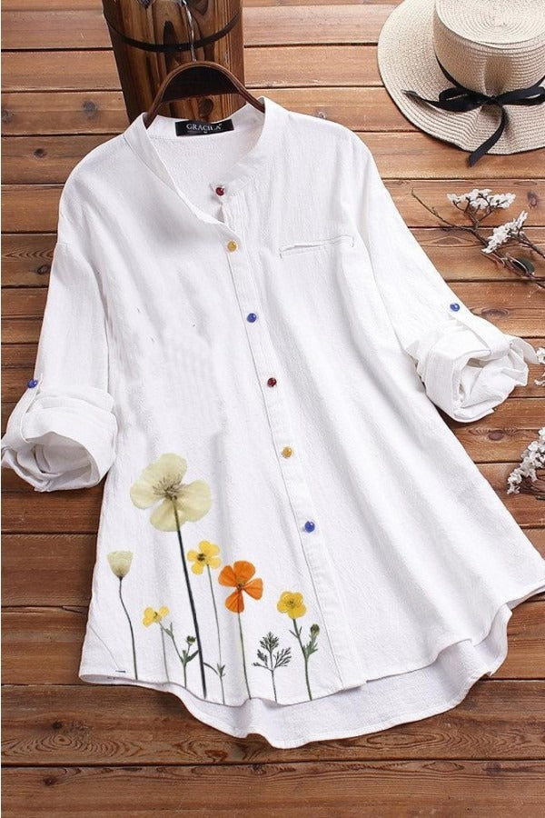 Floral Print Buttons Stand Collar Long Sleeves Shirt