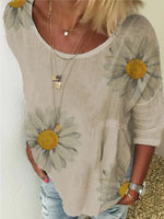 Floral Scoop Neck 3/4 Length Sleeves Shirt