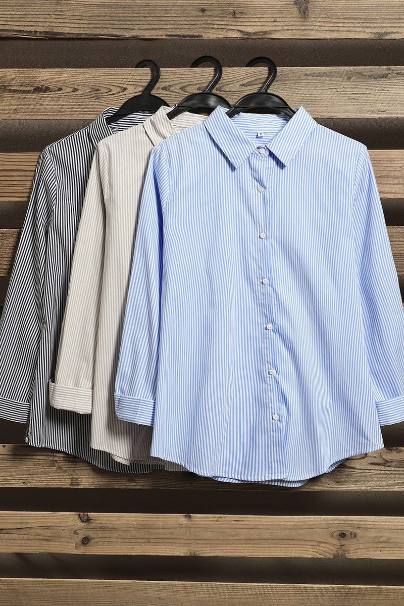 Pinstripe Collar Neck Long Sleeves Front Buttons Shirt