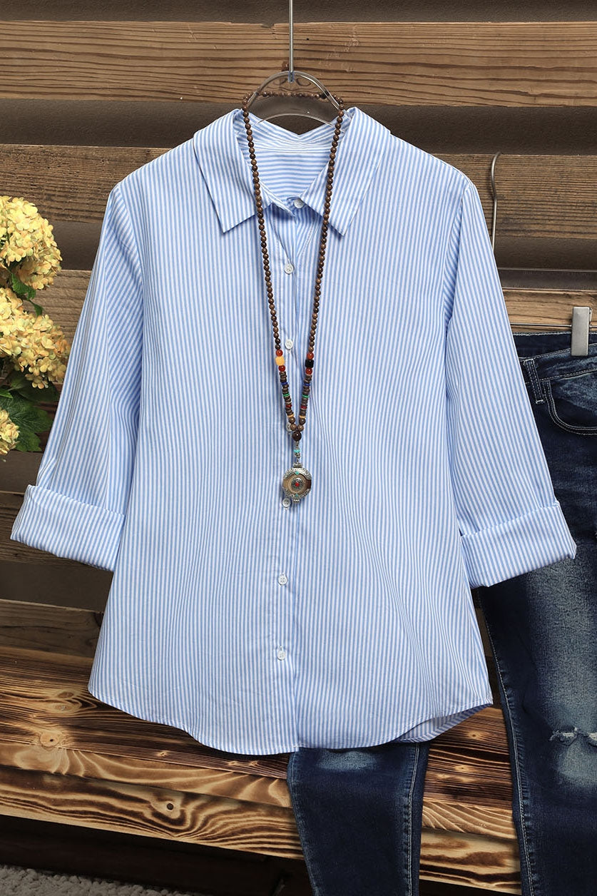 Pinstripe Collar Neck Long Sleeves Front Buttons Shirt