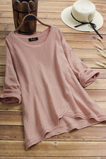 Solid Color Asymmetric Round Neck Long Sleeves Blouse