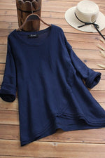Solid Color Asymmetric Round Neck Long Sleeves Blouse