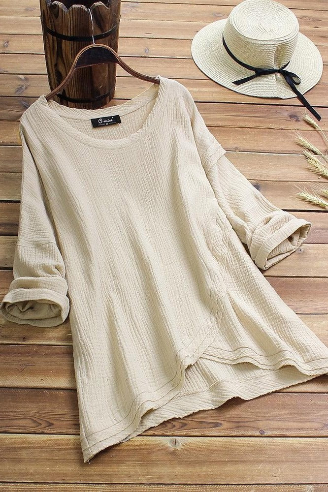 Solid Color Asymmetric Round Neck Long Sleeves Blouse