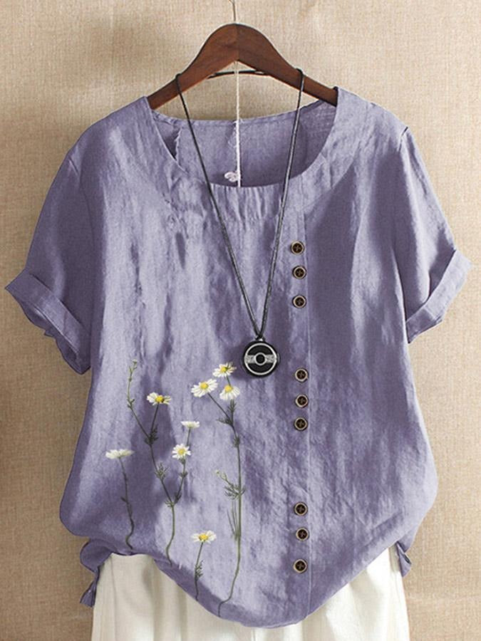 T-shirt à manches courtes, col rond et boutons à imprimé floral