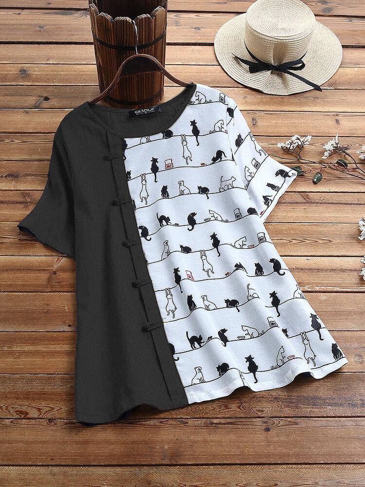 Cartoon Cat Print Buttons Round Neck Short Sleeves T-shirt