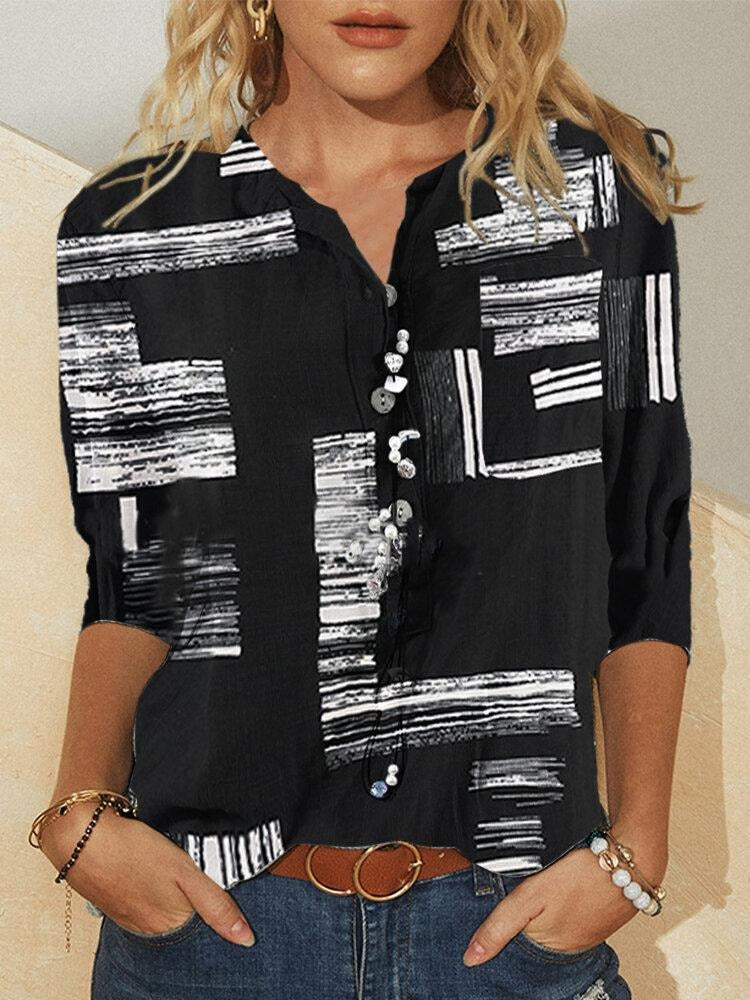 Abstract Print V-neck Long Sleeves Blouse