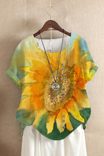 Sunflowers Print Round Neck Short Sleeves T-shirt
