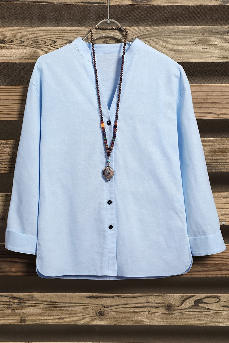 Solid Color Buttons V-neck Long Sleeves Blouse