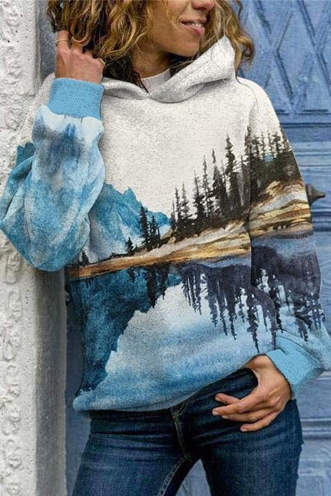 Landscape Print Hooded Long Sleeves Sweatshirt