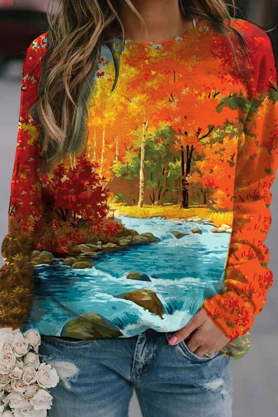 Red Maple Forest Print Round Neck Long Sleeves Sweatshirt