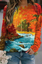 Red Maple Forest Print Round Neck Long Sleeves Sweatshirt