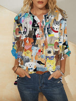 Cartoon Animal Print V-neck Long Sleeves Blouse