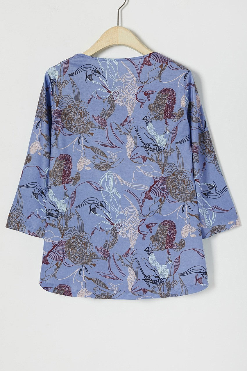 Graphic Print V-neck 3/4 Sleeves Blouse