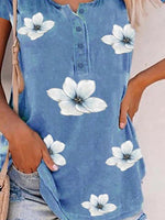 Floral Print Buttons Short Sleeves T-shirt