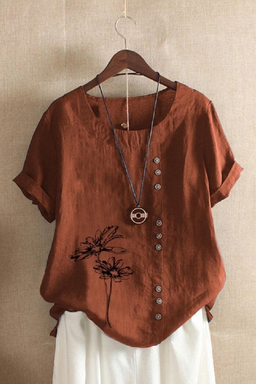 Floral Print Buttons Short Sleeves T-shirt