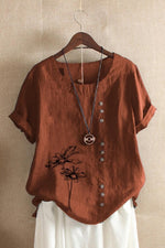 Floral Print Buttons Short Sleeves T-shirt