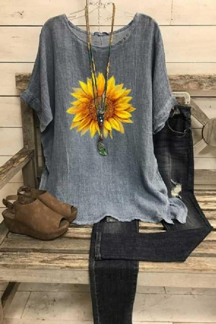 Sunflowers Print Crew Neck Short Sleeves Blouse