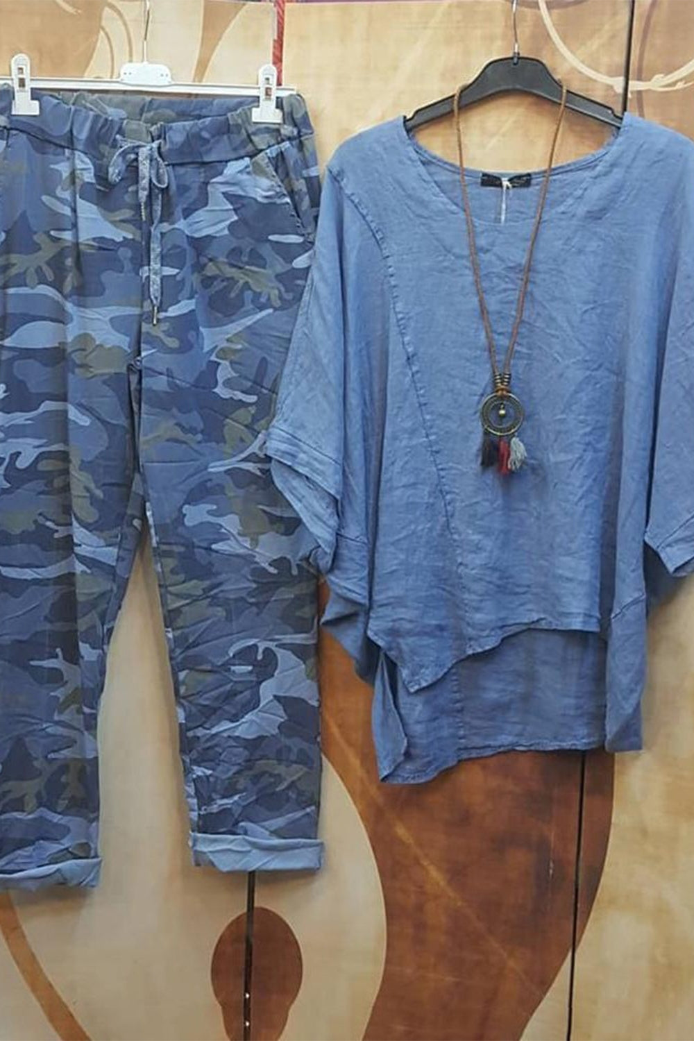 Abstract Print Irregular Hem Five-Point Sleeves Two Piece Suit