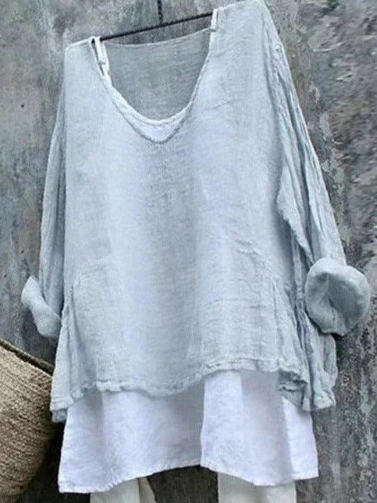 Solid Color Casual V-neck Long Sleeves Drop Shoulder T Shirt